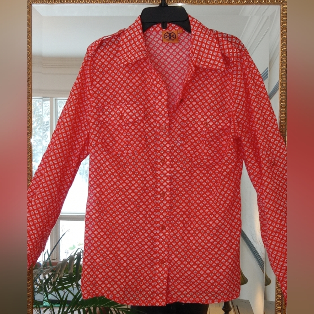 Tory Burch Cotton Geometric Orange/White Print Long Sleeve Shirt